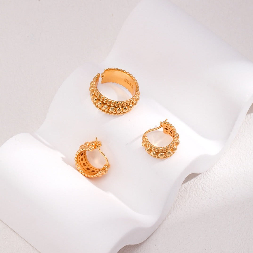 18K Gold on Silver Luxe Beaded Wave Open Ring - pair with earrings 2