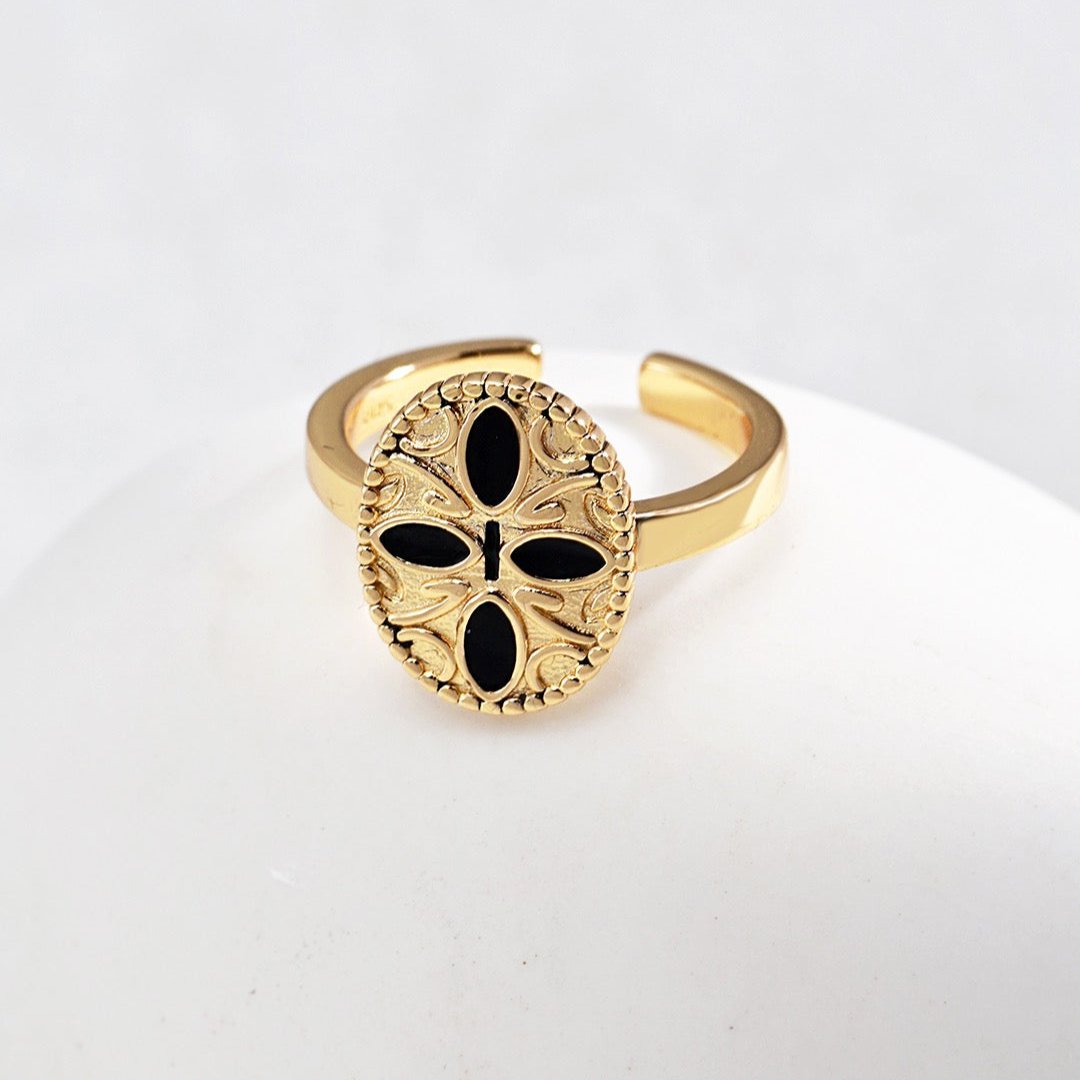 Vintage Vermeil Black Enamel Floral Open Ring - alternate shot