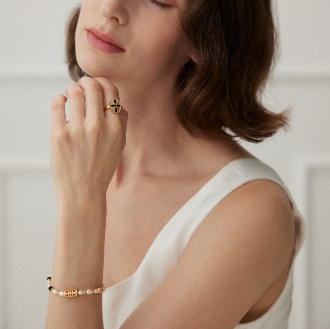 Vintage Vermeil Black Enamel Floral Open Ring - model shot 3