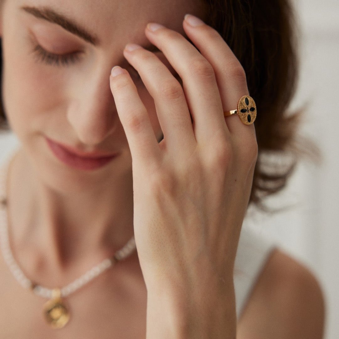 Vintage Vermeil Black Enamel Floral Open Ring - model shot 5