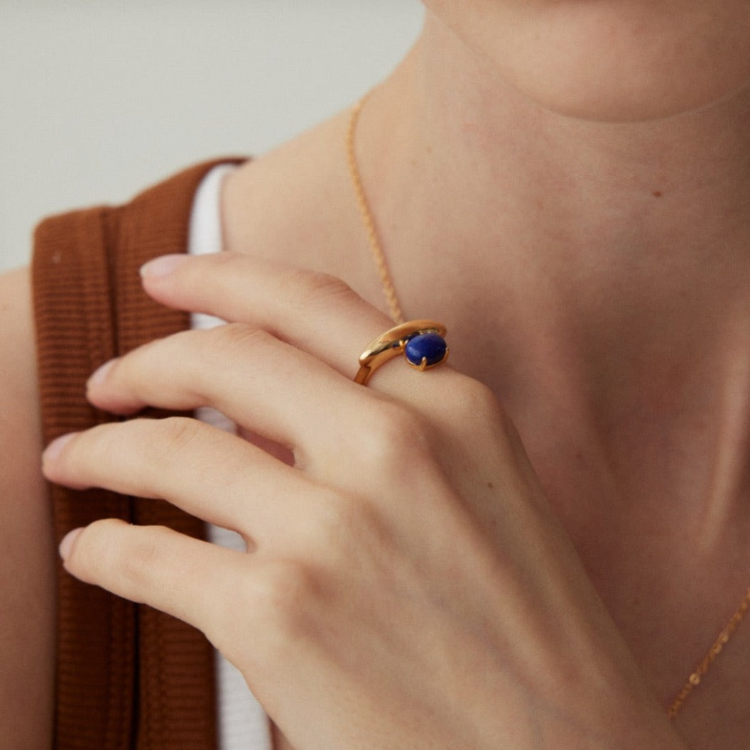 Minimalist Lapis Lazuli 18K Gold Plated Open Ring - model shot