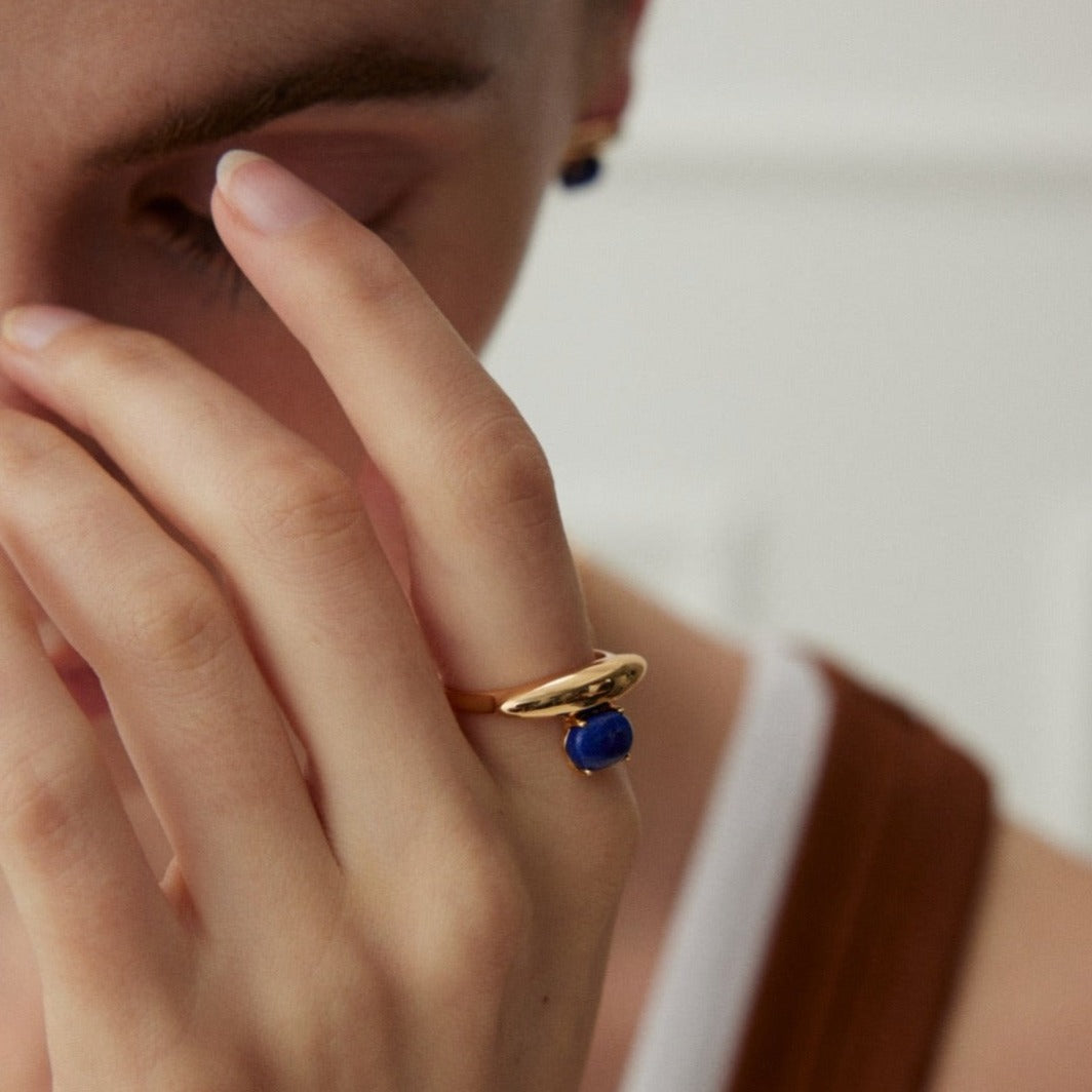 Minimalist Lapis Lazuli 18K Gold Plated Open Ring - model shot close