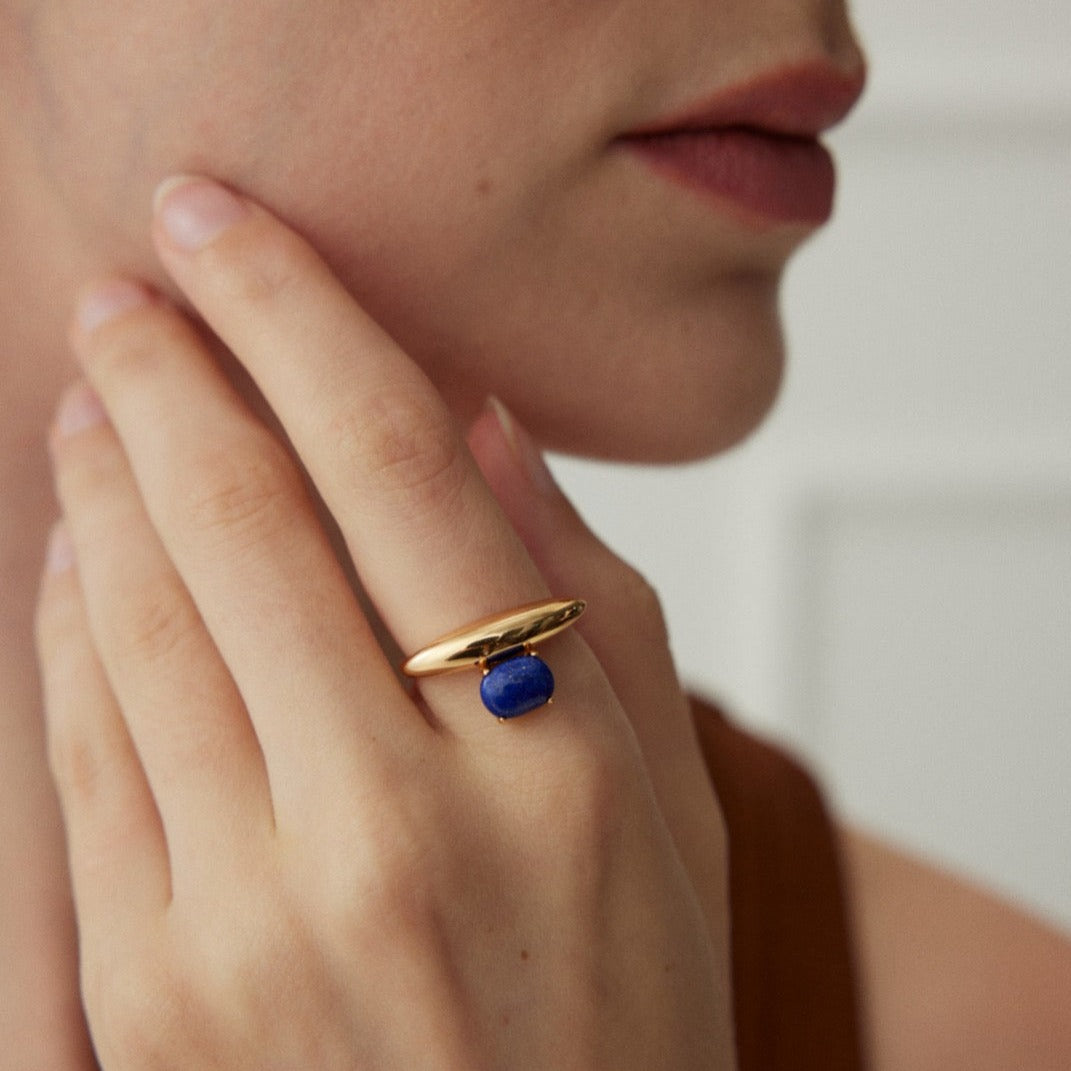 Minimalist Lapis Lazuli 18K Gold Plated Open Ring - model shot close