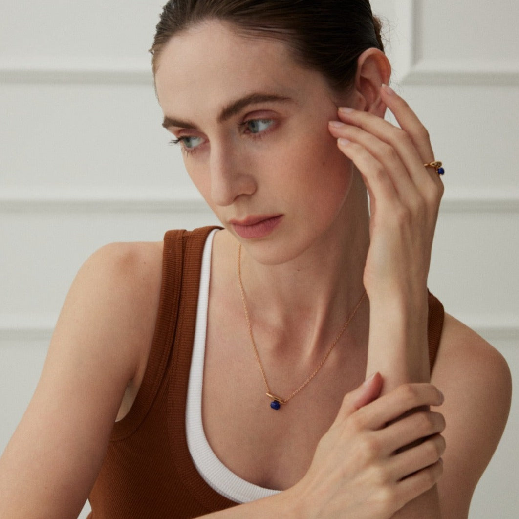 Minimalist Lapis Lazuli 18K Gold Plated Open Ring with necklace - model shot