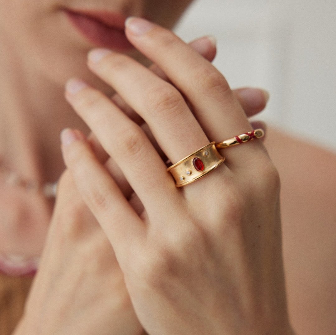 Red Thread of Fate Vermeil Cuff Ring - model shot matched with another ring