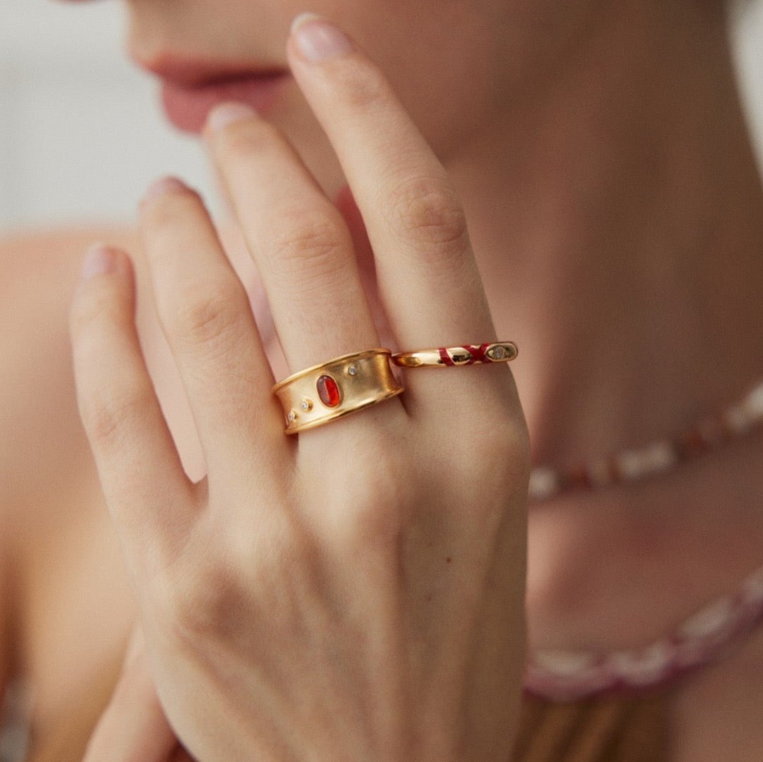 Red Thread of Fate Vermeil Cuff Ring - model shot matched with another ring