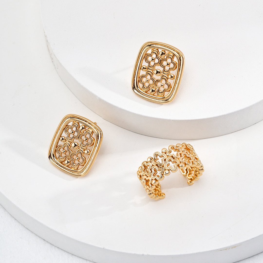 Clover Lattice Art Vermeil Cuff Ring - with matching earrings