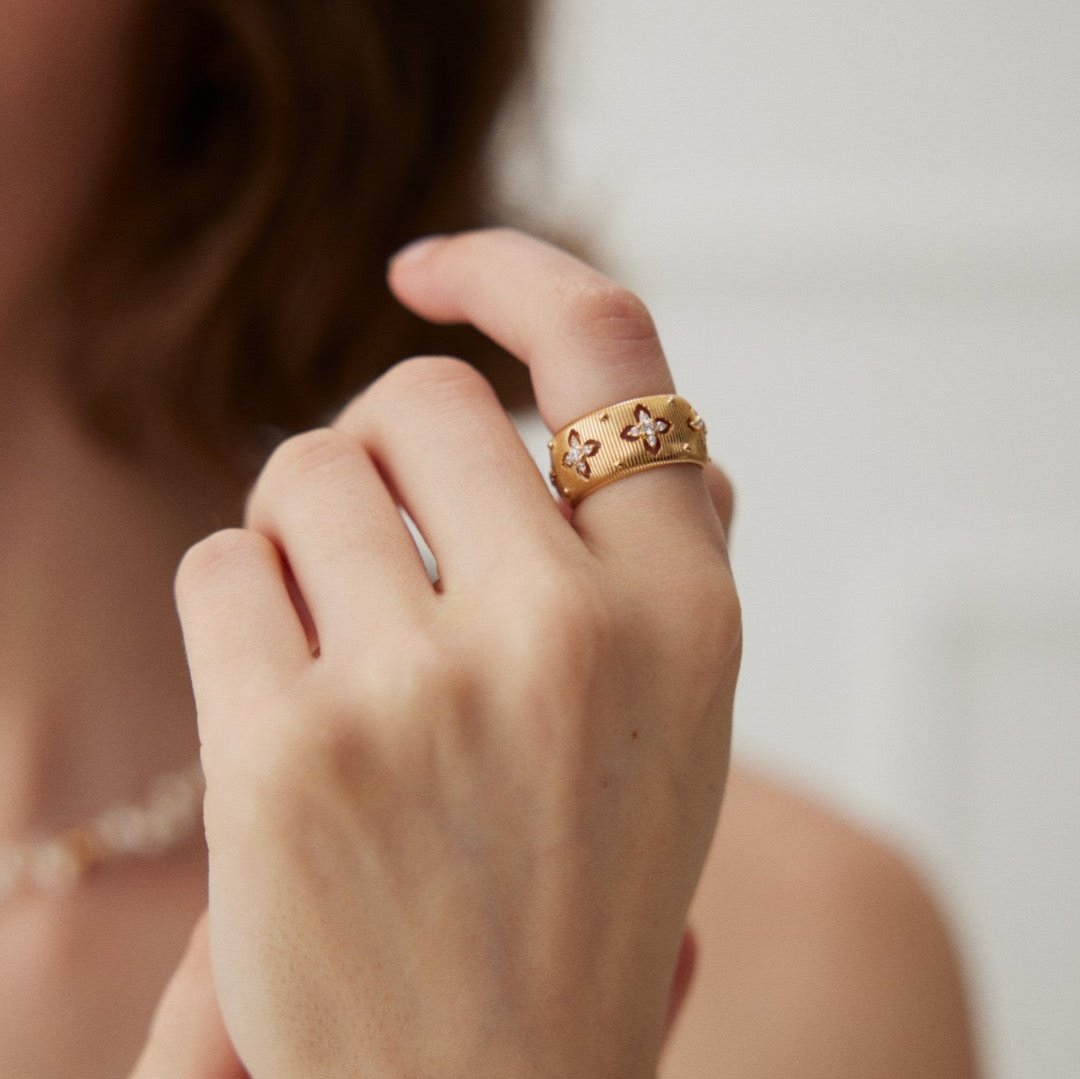 18K Gold on Silver Floral Filigree Zircon Cuff Ring - model shot close