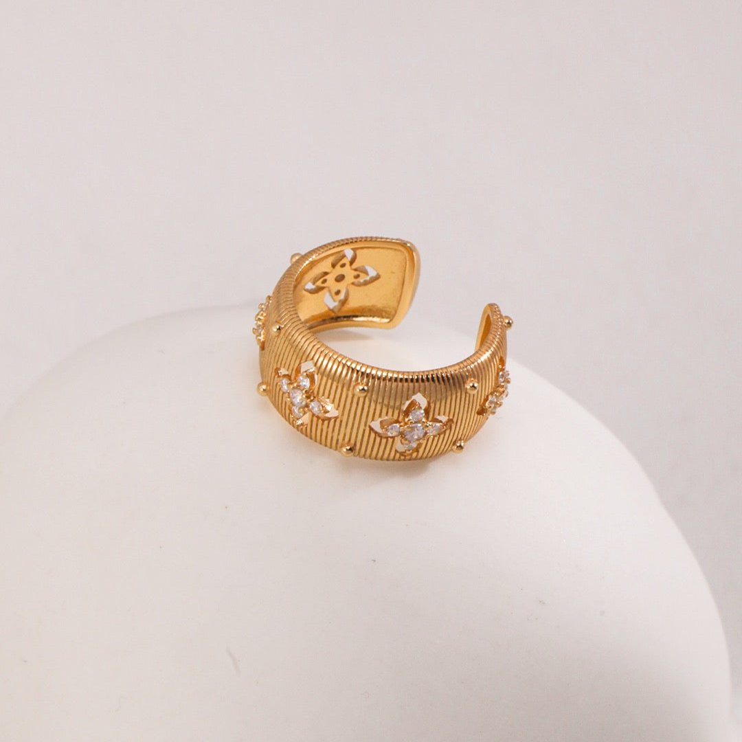 18K Gold on Silver Floral Filigree Zircon Cuff Ring - alternate shot