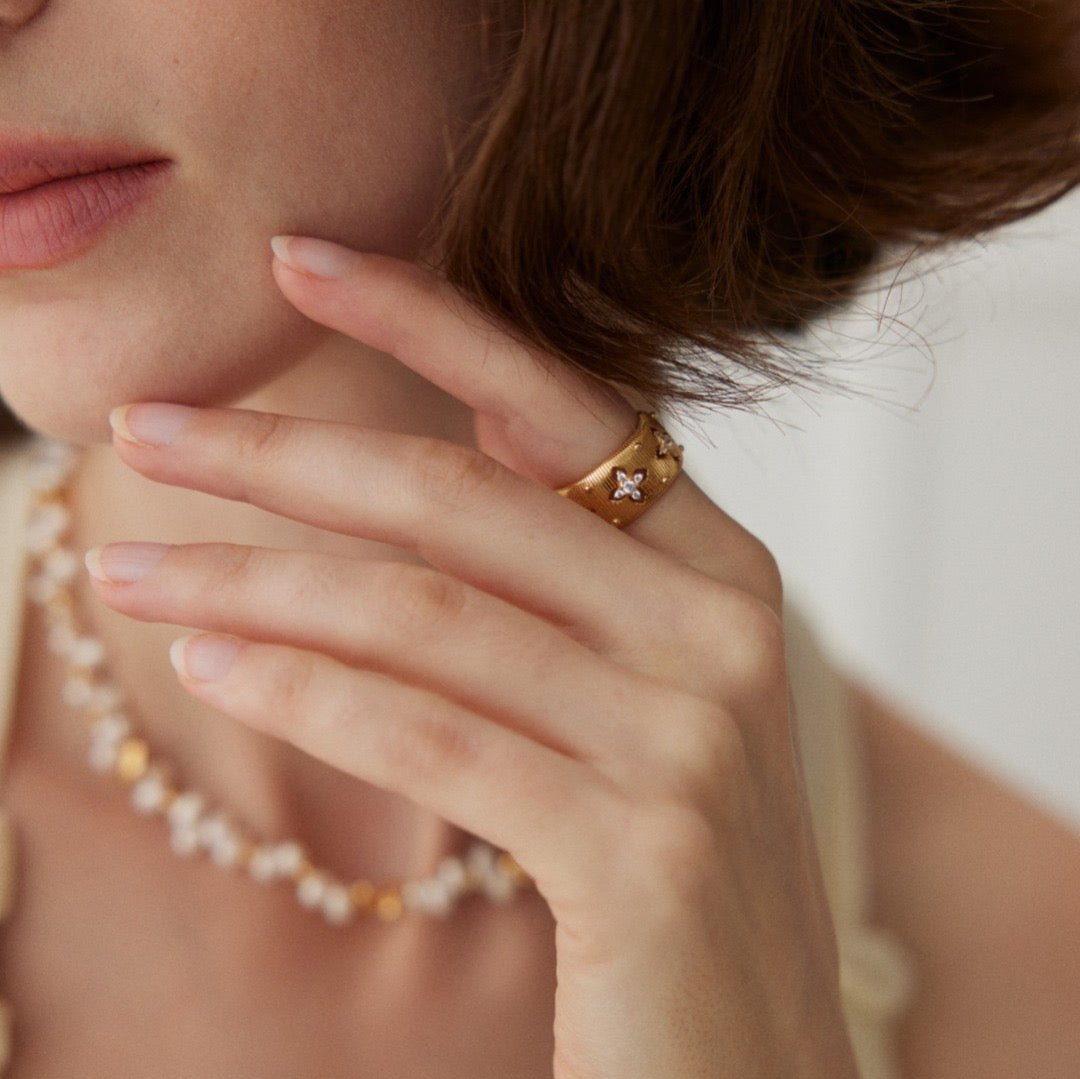 18K Gold on Silver Floral Filigree Zircon Cuff Ring - model shot