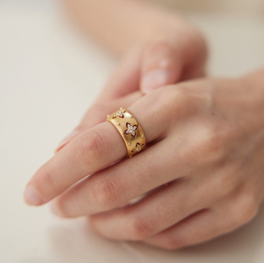 18K Gold on Silver Floral Filigree Zircon Cuff Ring - model shot close