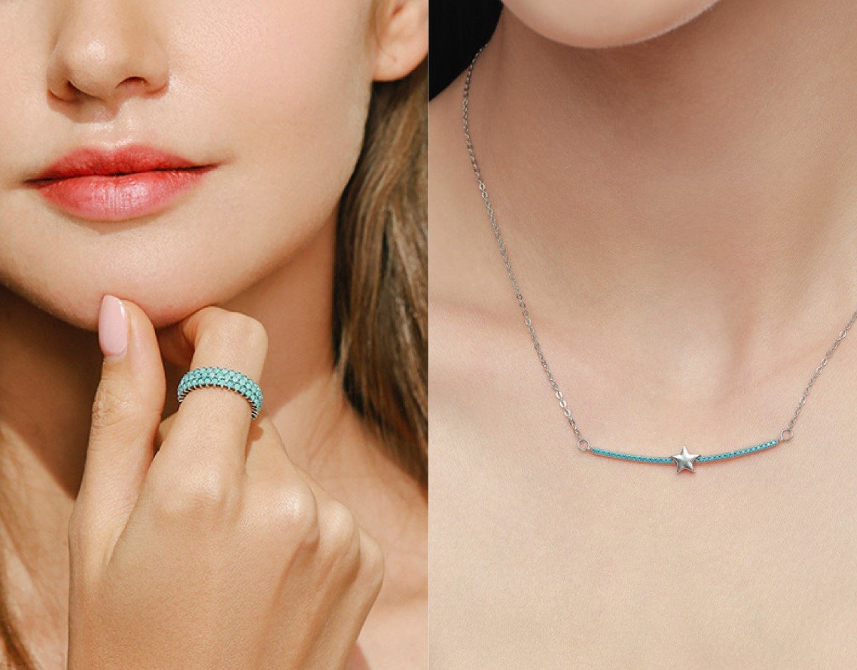 Light Turquoise ring and necklace model shot set