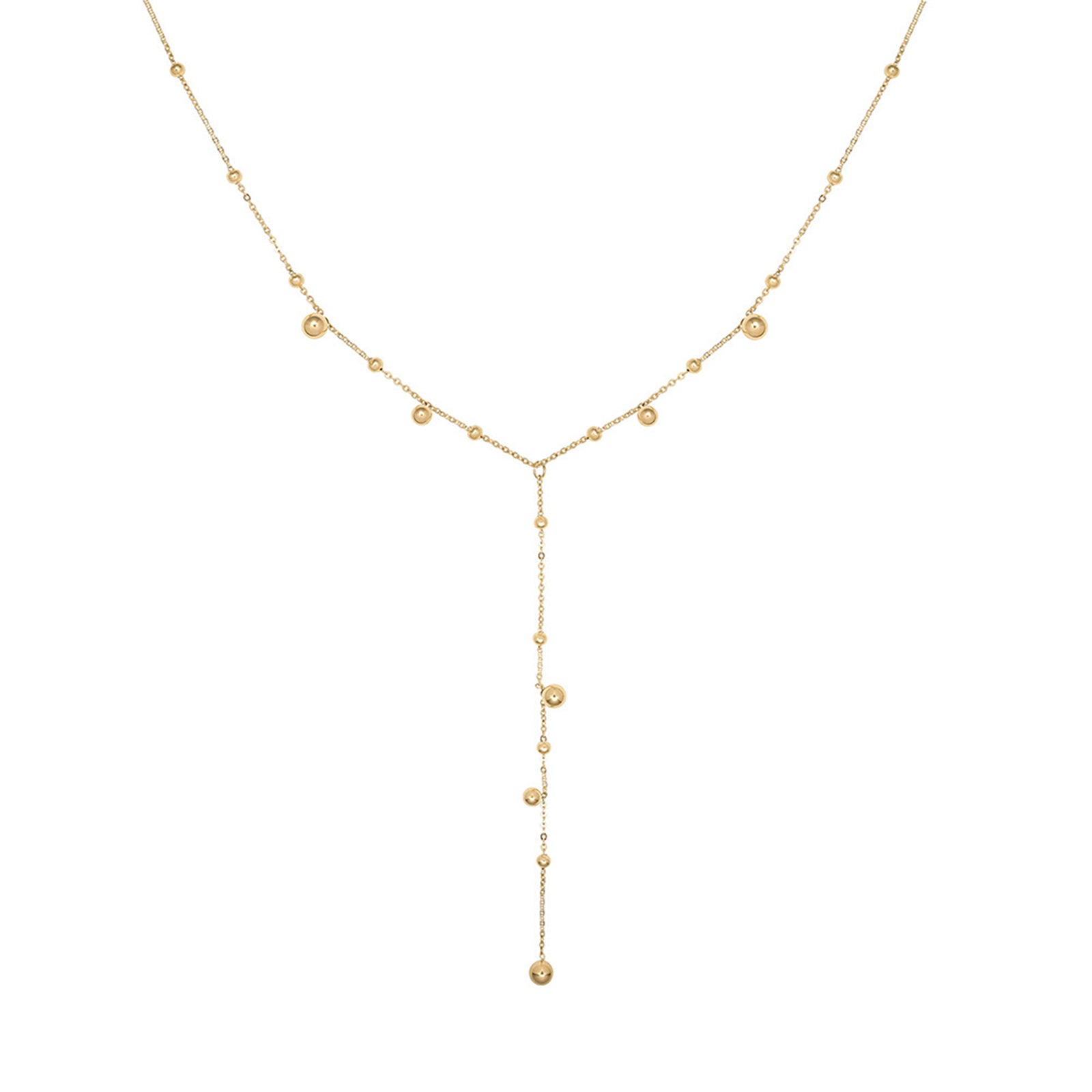 Lariat Necklace with Multi-Size Gold Beads Tassel - white background 2