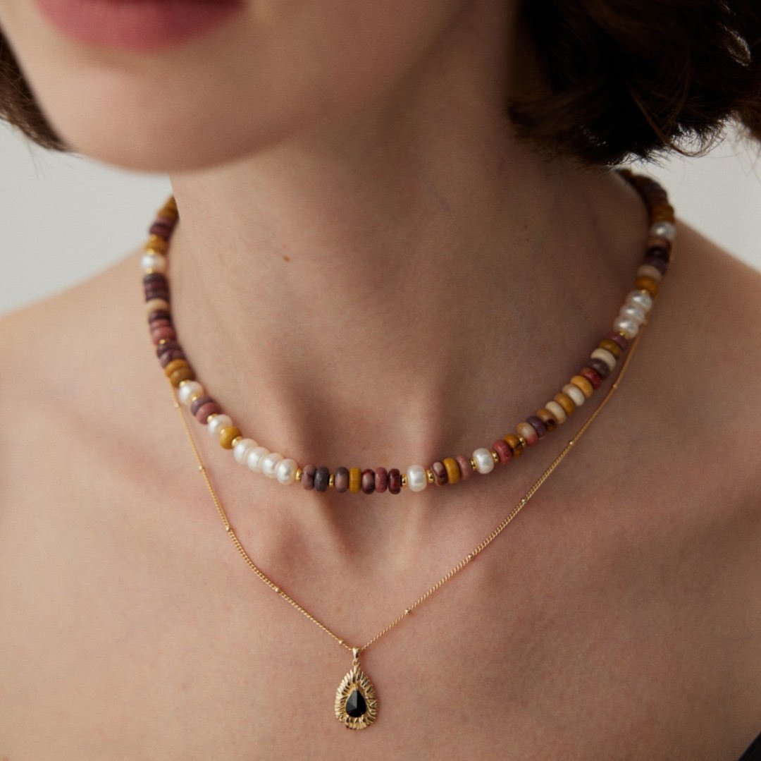 Vermeil Mookaite Jasper Pearl Gradient Necklace - model shot