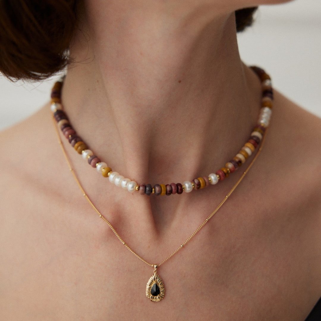 Vermeil Mookaite Jasper Pearl Gradient Necklace - model shot with another necklace