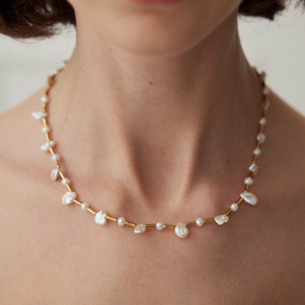 Bamboo Rhythm Natural Baroque Pearl Vermeil Necklace - model shot close