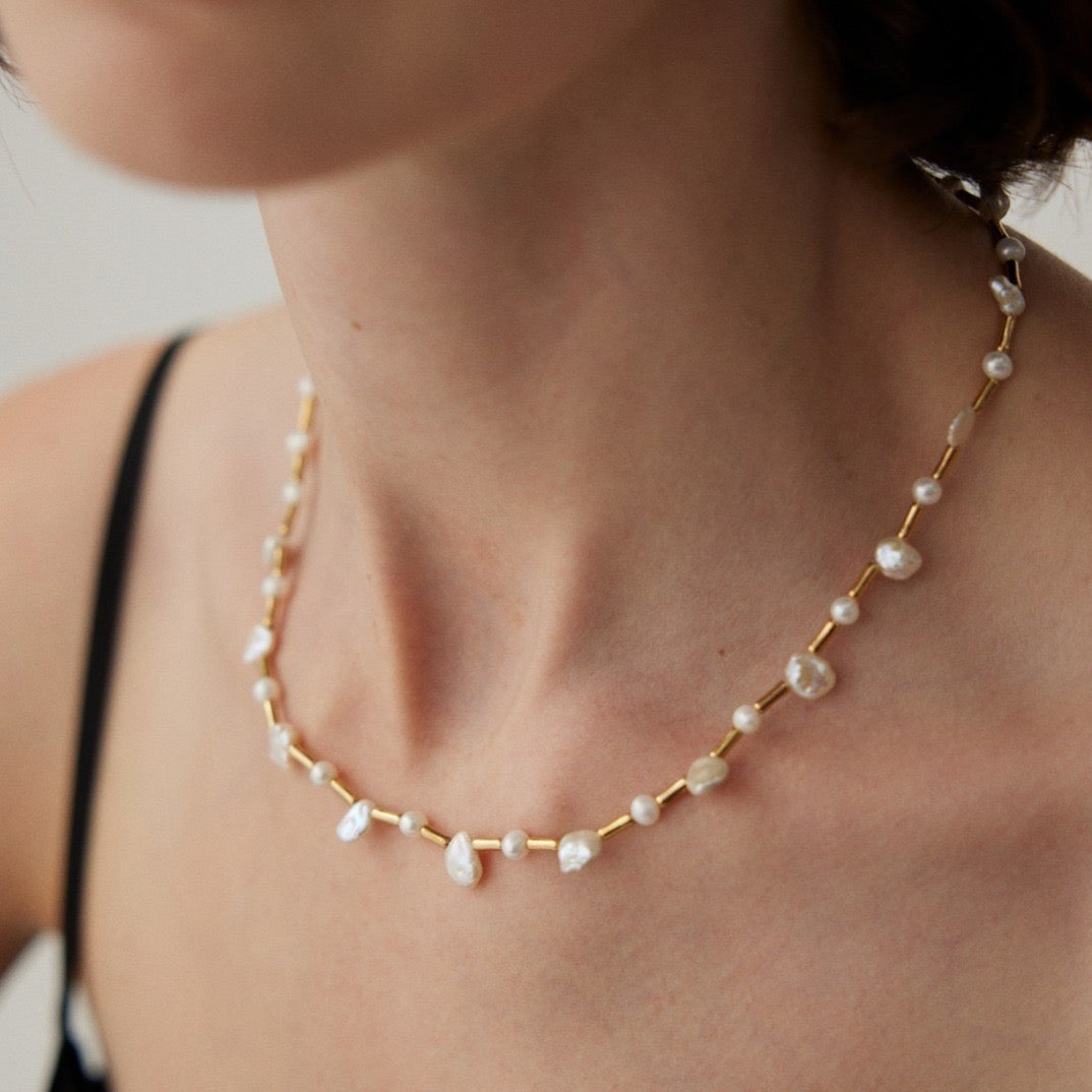 Bamboo Rhythm Natural Baroque Pearl Vermeil Necklace - model shot close 2