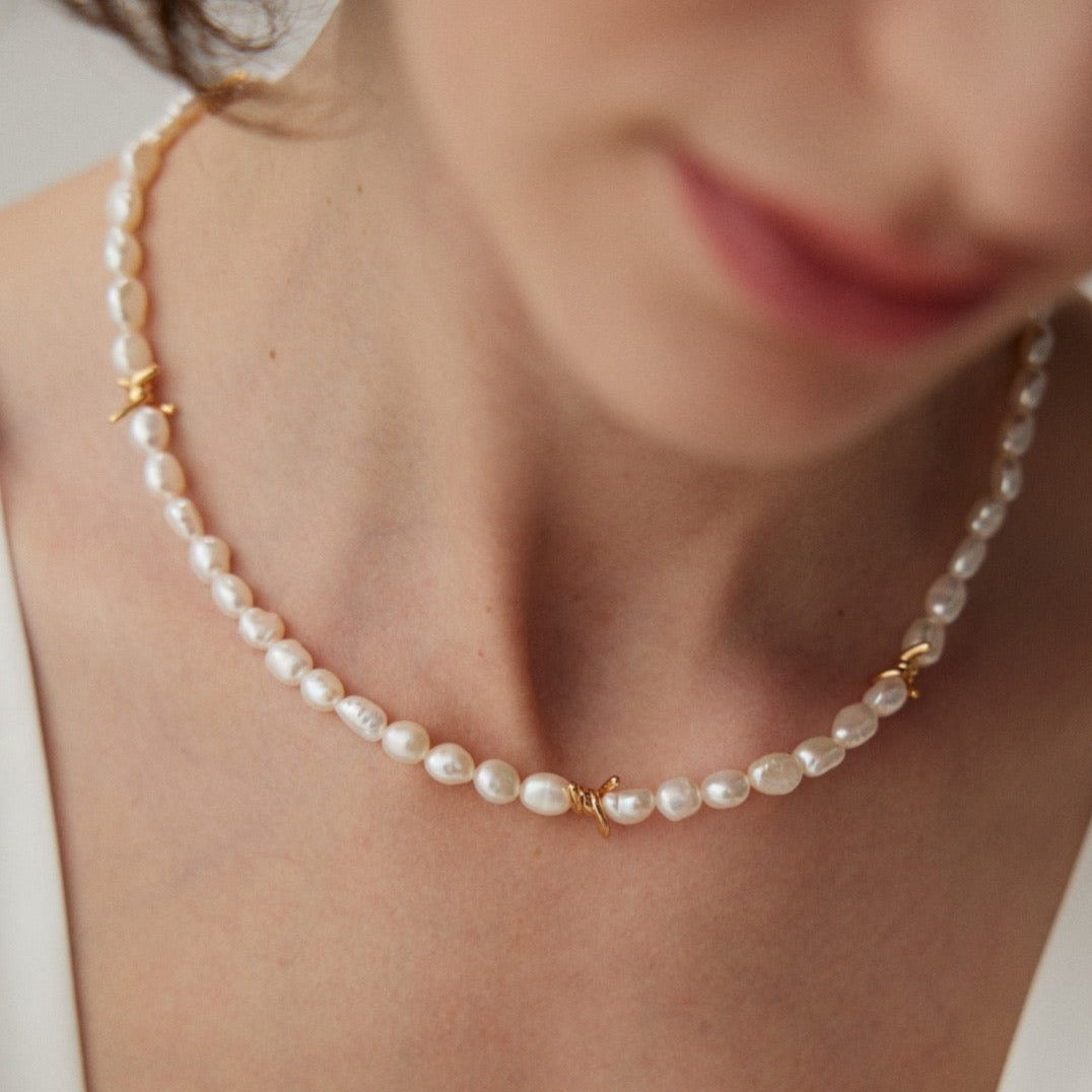 Vine Kiss Natural Baroque Pearl Vermeil Necklace - model shot 2