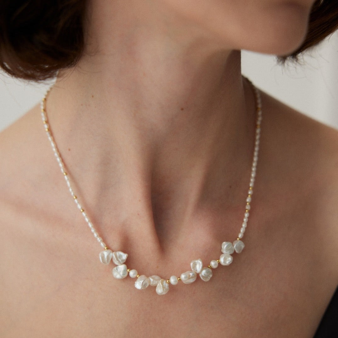 Dew Dream Natural Baroque Pearl Vermeil Necklace - model shot close