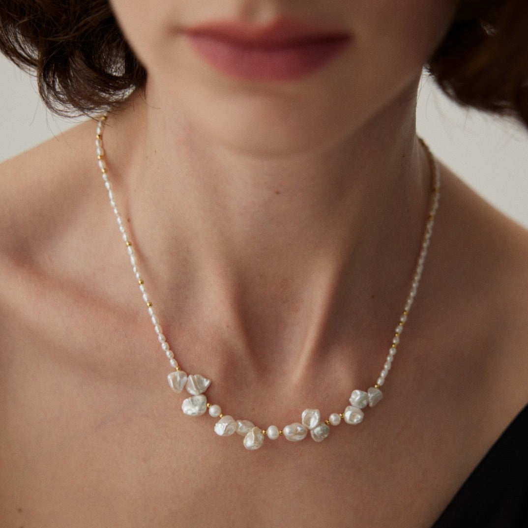 Dew Dream Natural Baroque Pearl Vermeil Necklace - model shot close 2