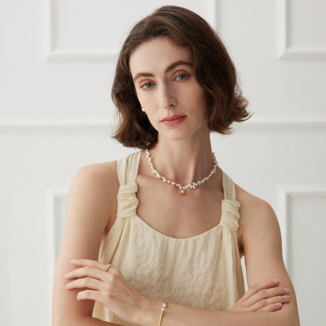 Camellia Freshwater Pearl Vermeil Necklace - model shot