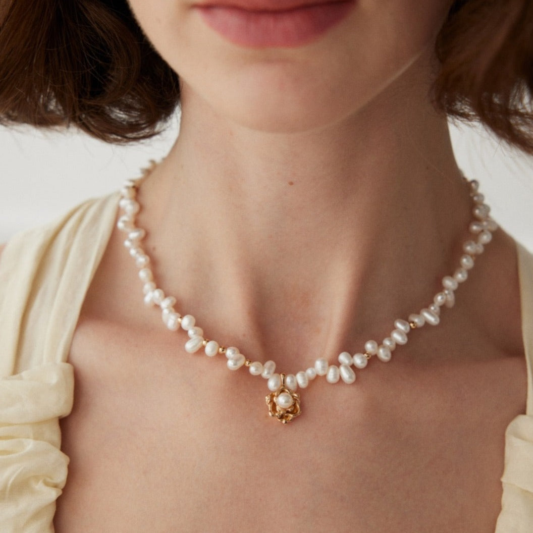 Camellia Freshwater Pearl Vermeil Necklace - model shot close