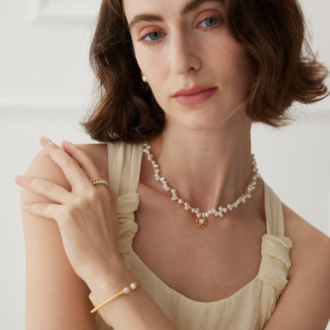 Camellia Freshwater Pearl Vermeil Necklace - model shot 2