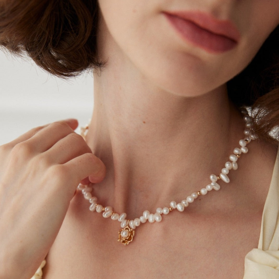 Camellia Freshwater Pearl Vermeil Necklace - model shot close 2