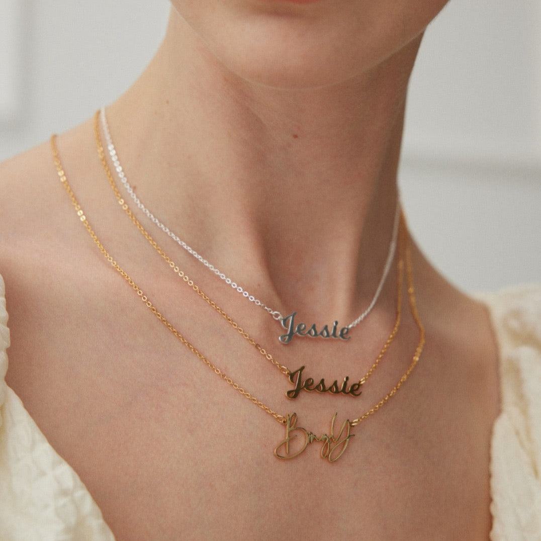 Design Your Own Vermeil Letter Custom Necklace - different words, gold and silver color, model shot close