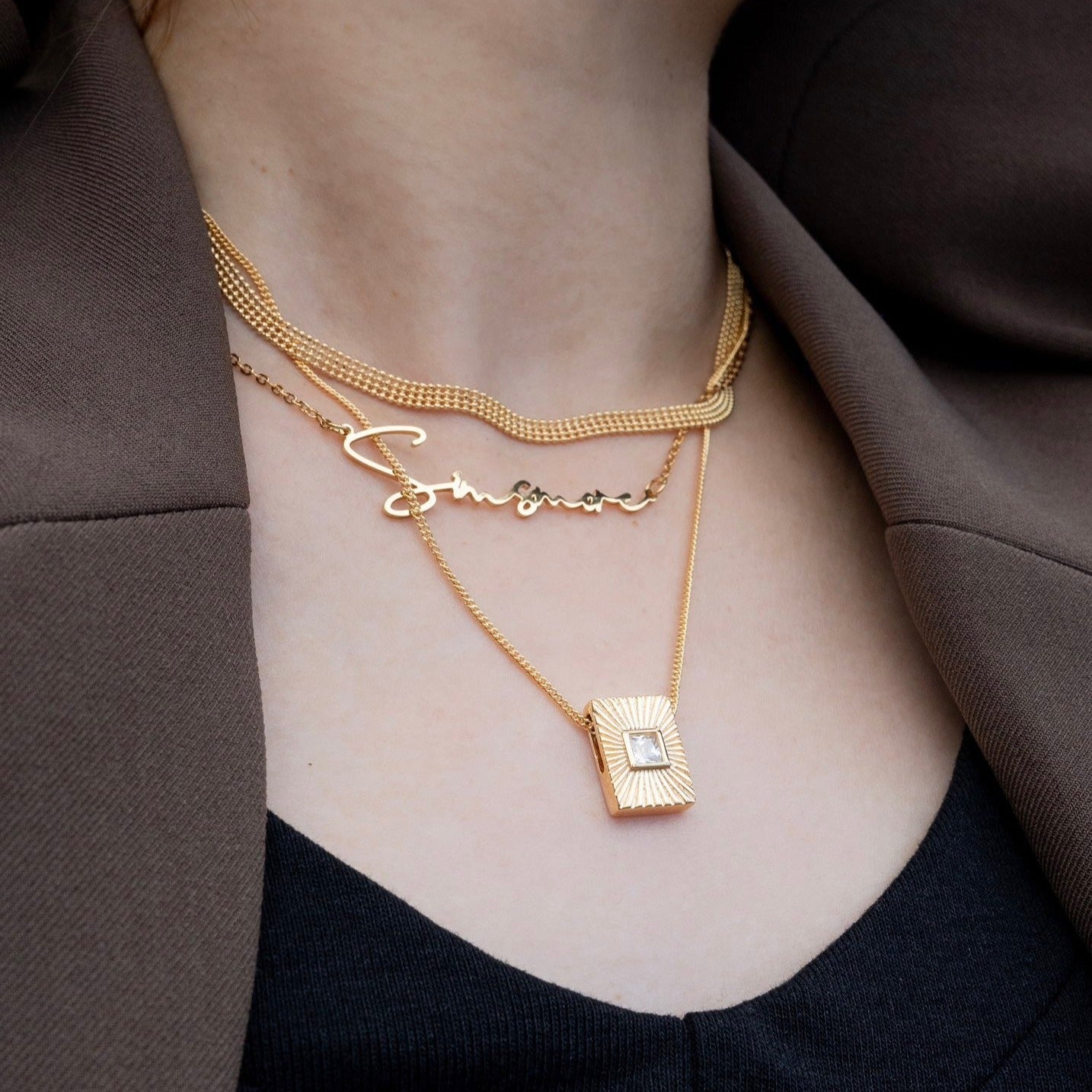 Design Your Own Vermeil Letter Custom Necklace - model shot stacked, gold