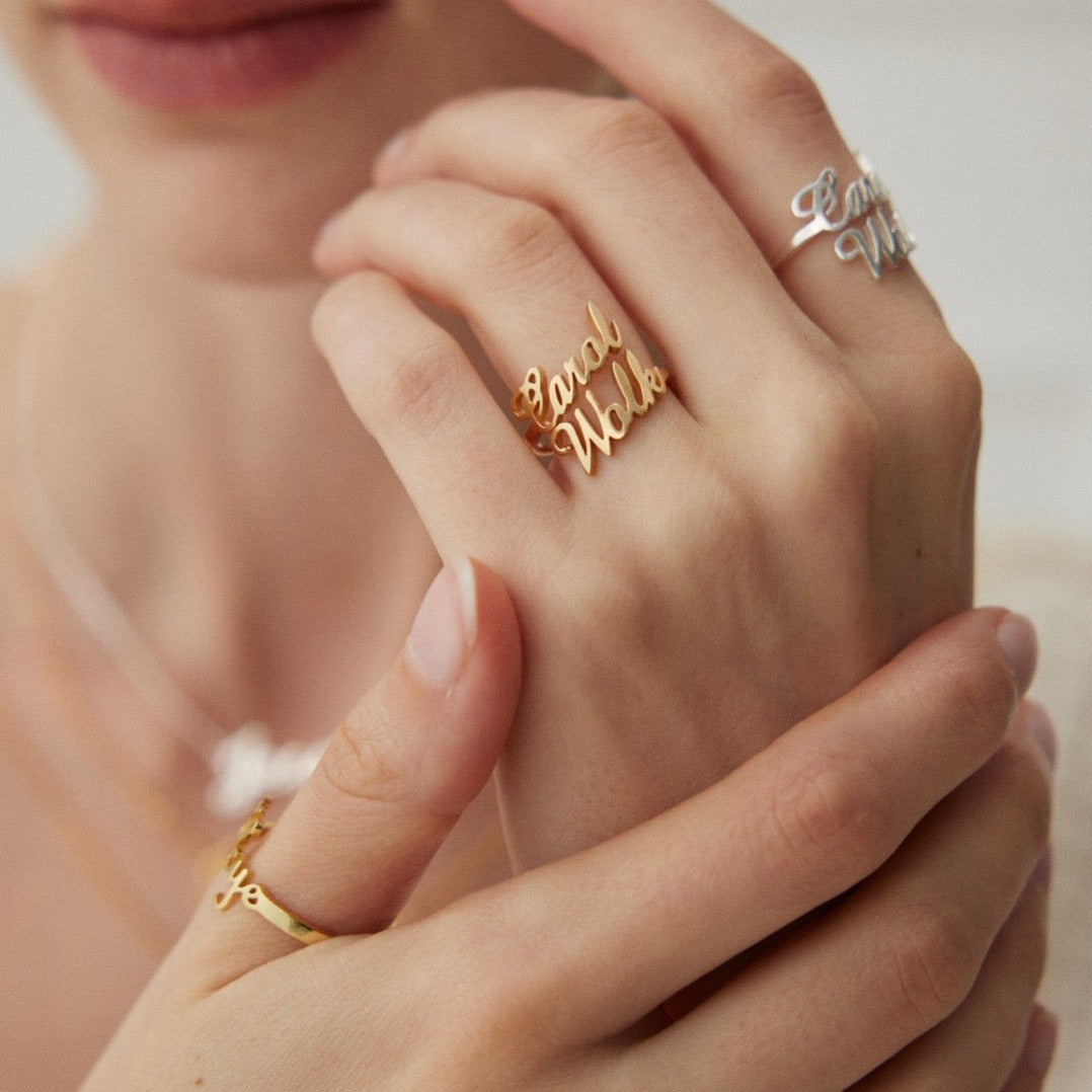 Personalized Vermeil Unique Custom Letter Ring - gold and silver, model shot