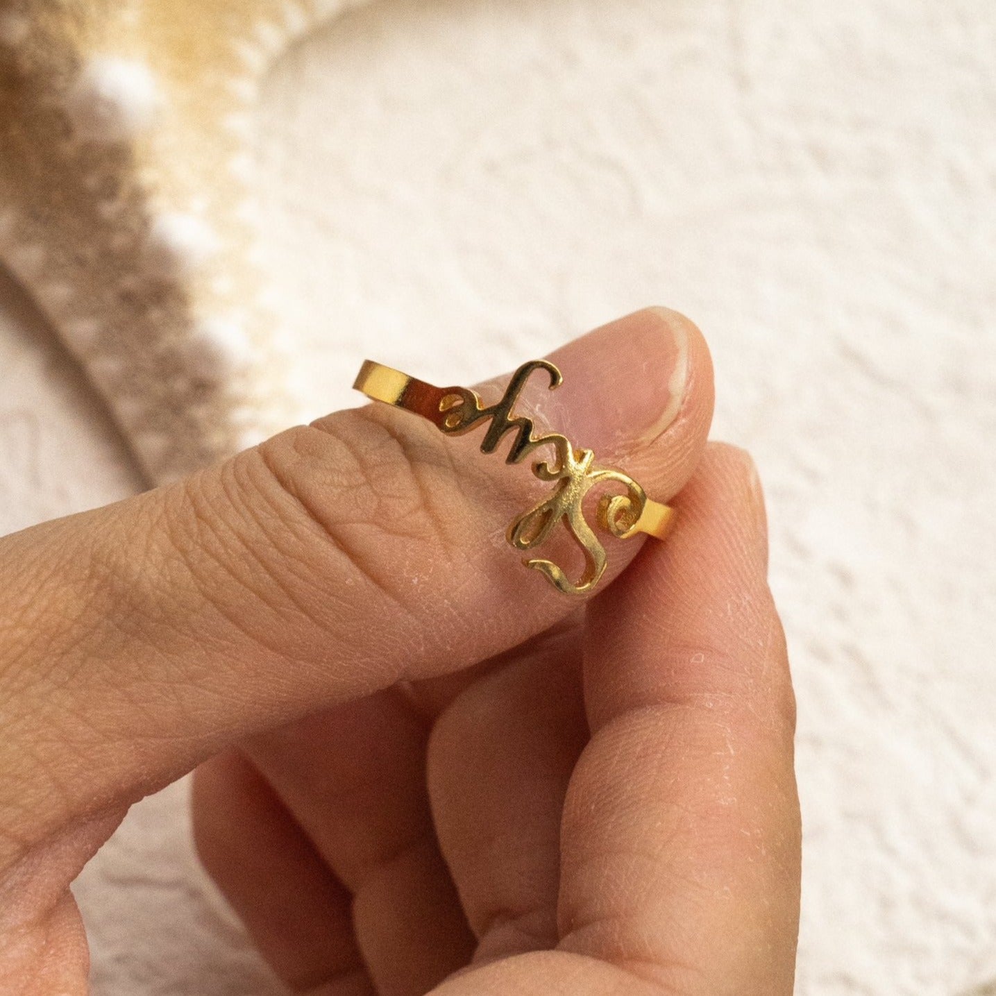 Personalized Vermeil Unique Custom Letter Ring - gold, close shot