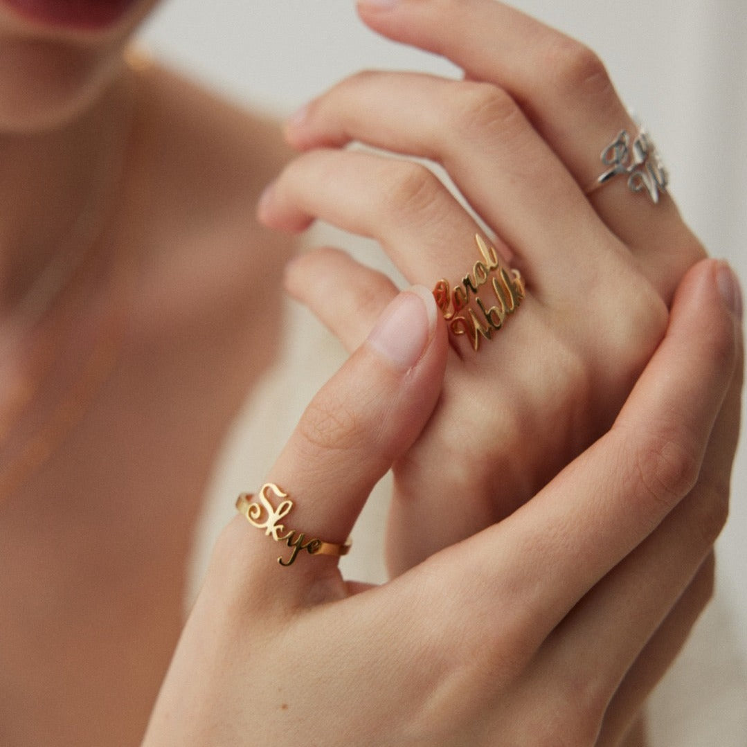 Personalized Vermeil Unique Custom Letter Ring - gold and silver color, model shot