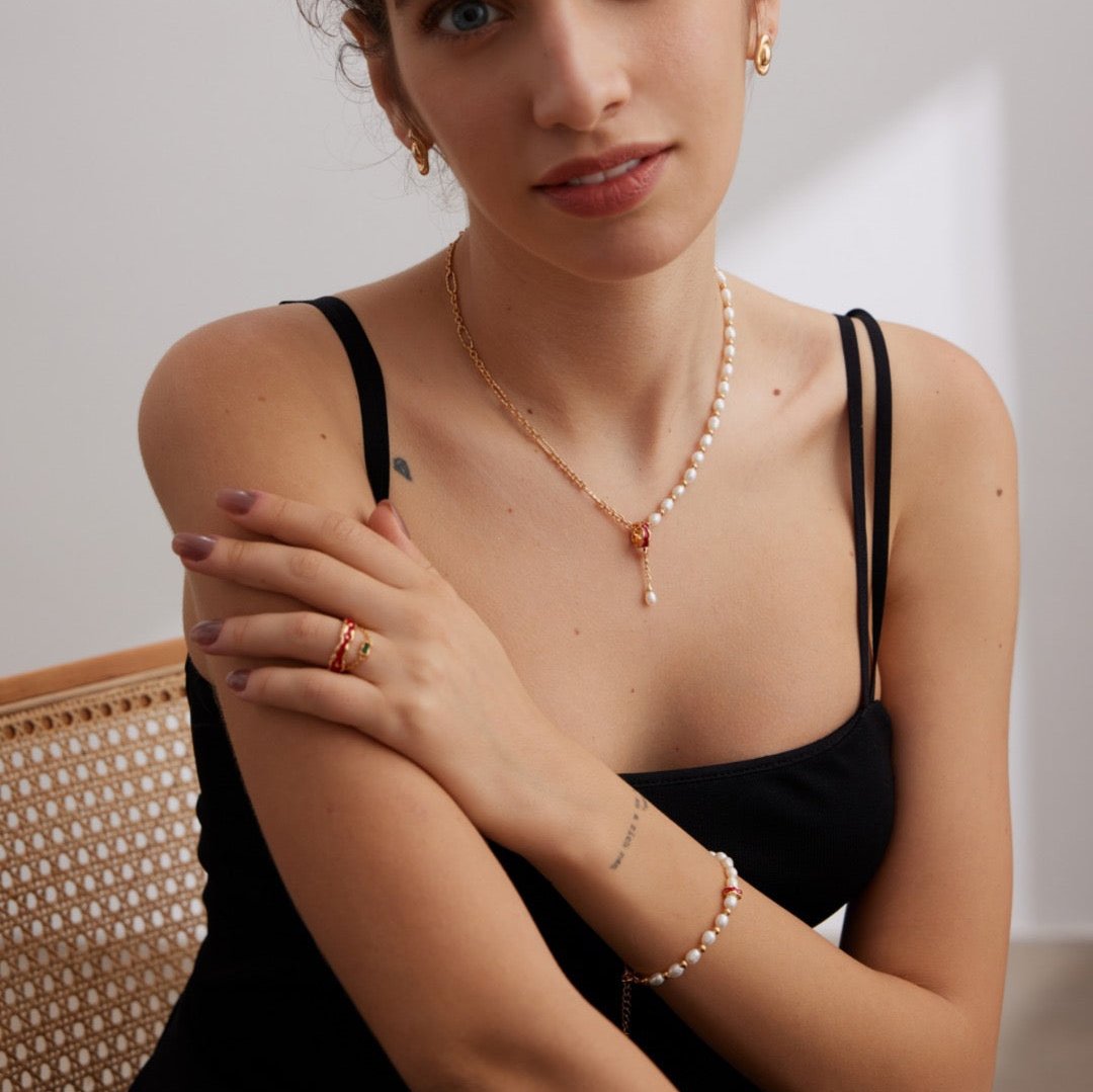 River Series Vermeil Pearl Bracelet - model shot with set jewelry