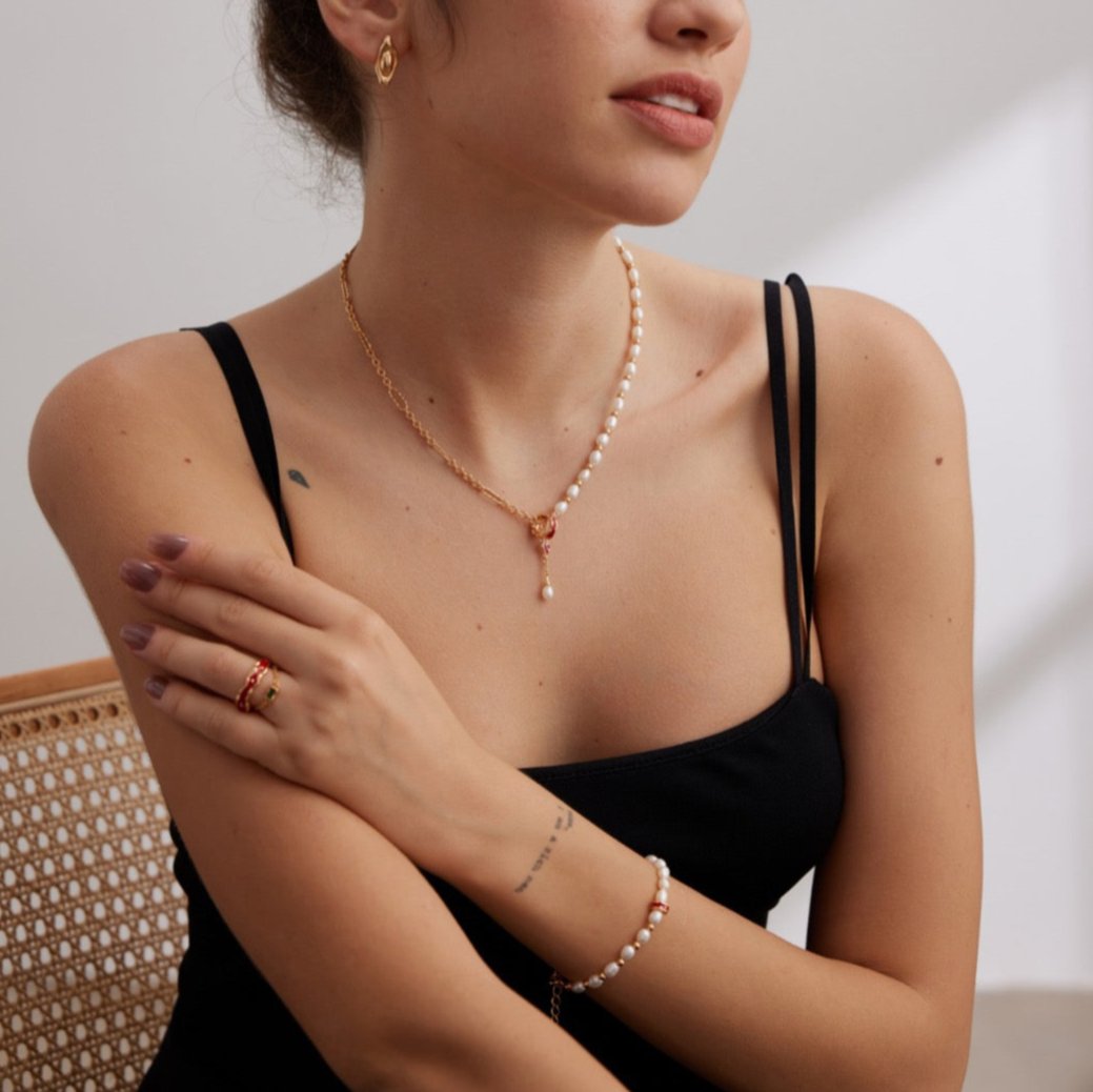 River Series Vermeil Pearl Bracelet - model shot with set jewelry 3