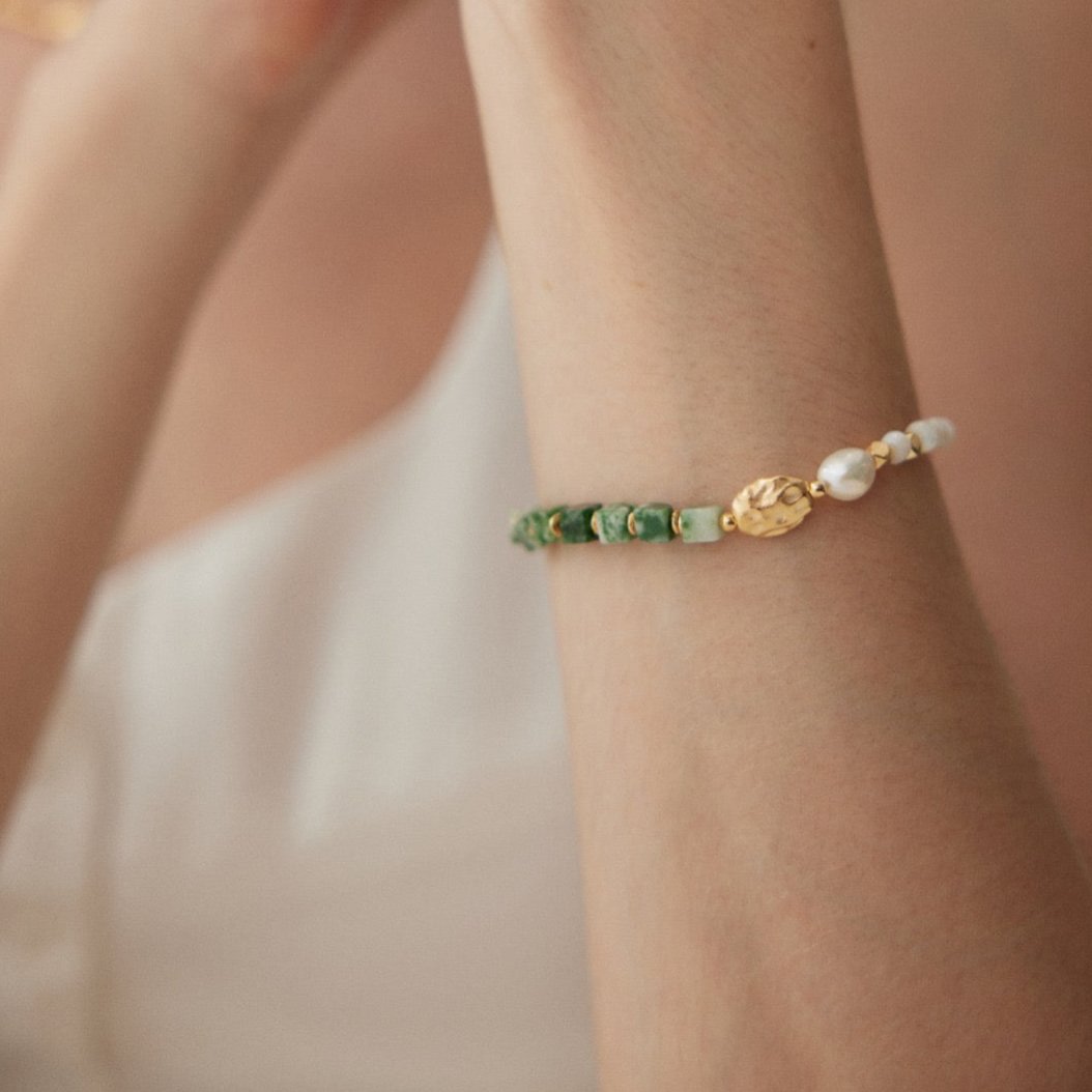 Vermeil Qinghai Jadeite Pearl Bracelet - model shot close up