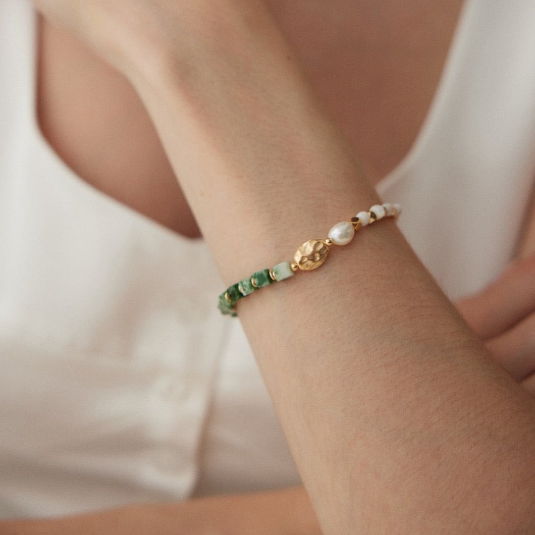 Vermeil Qinghai Jadeite Pearl Bracelet - model shot close