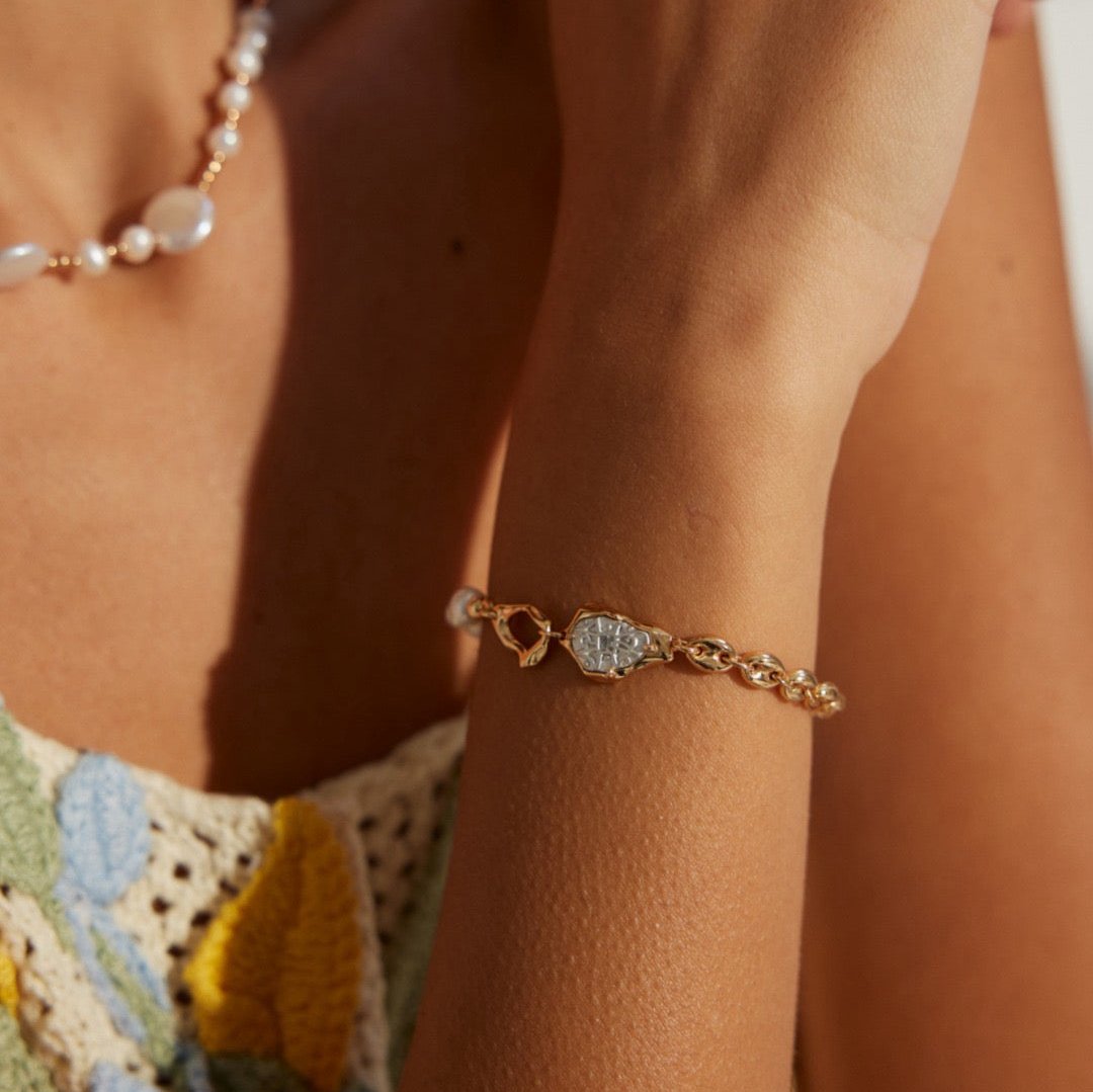 Asymmetric Silver Inlaid Pearl Vermeil Bracelet - model shot