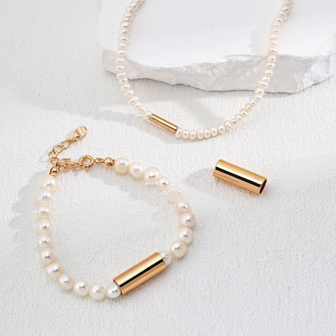 Natural Pearl Time Tunnel Vermeil Bracelet - with necklace and the gold tube