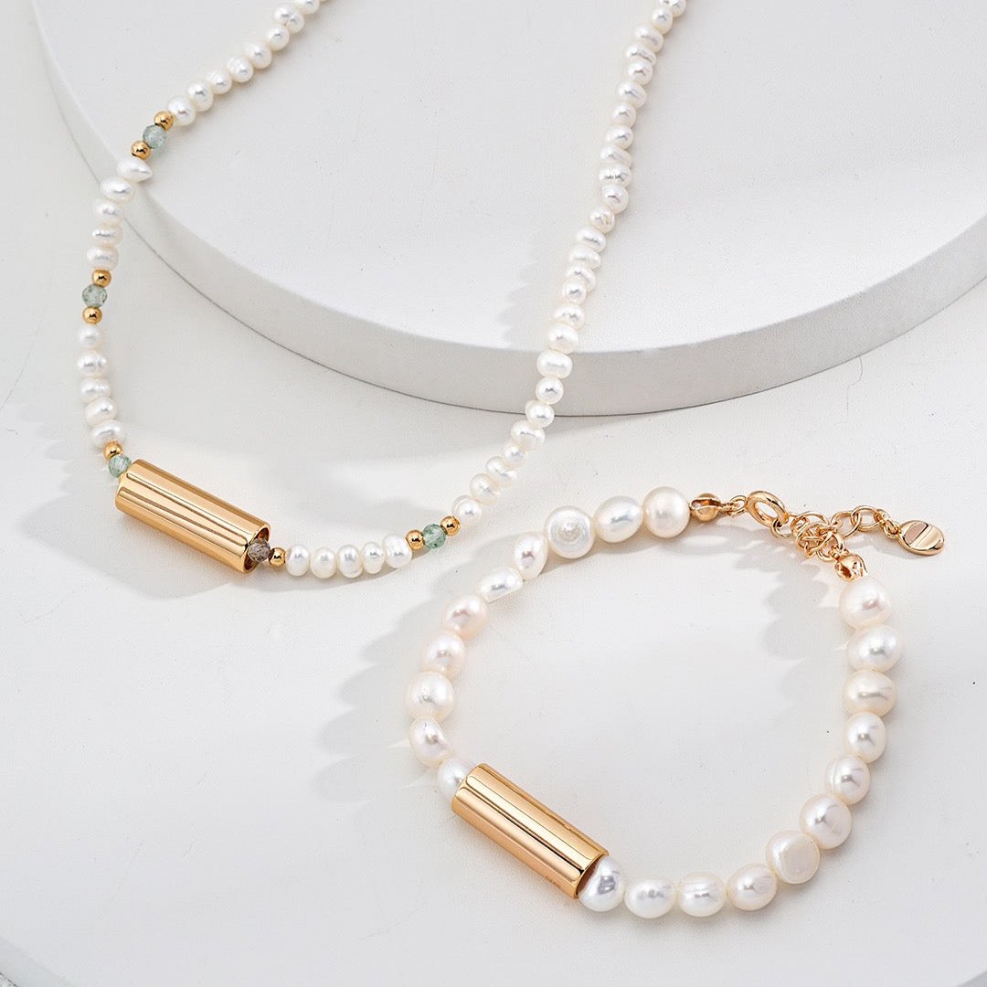 Natural Pearl Time Tunnel Vermeil Bracelet - with matching pearl necklace