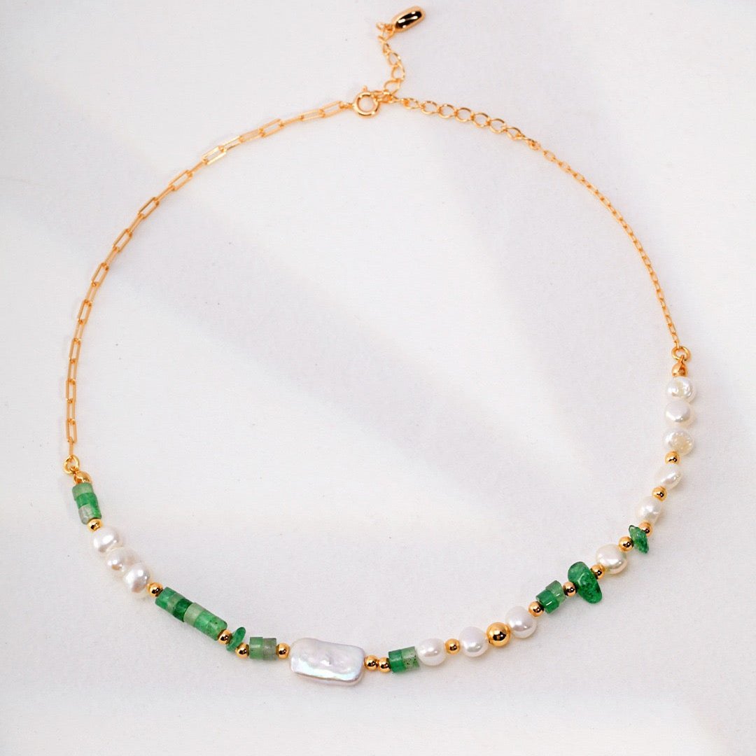 Handcrafted Jade Stones Pearl Vermeil Necklace