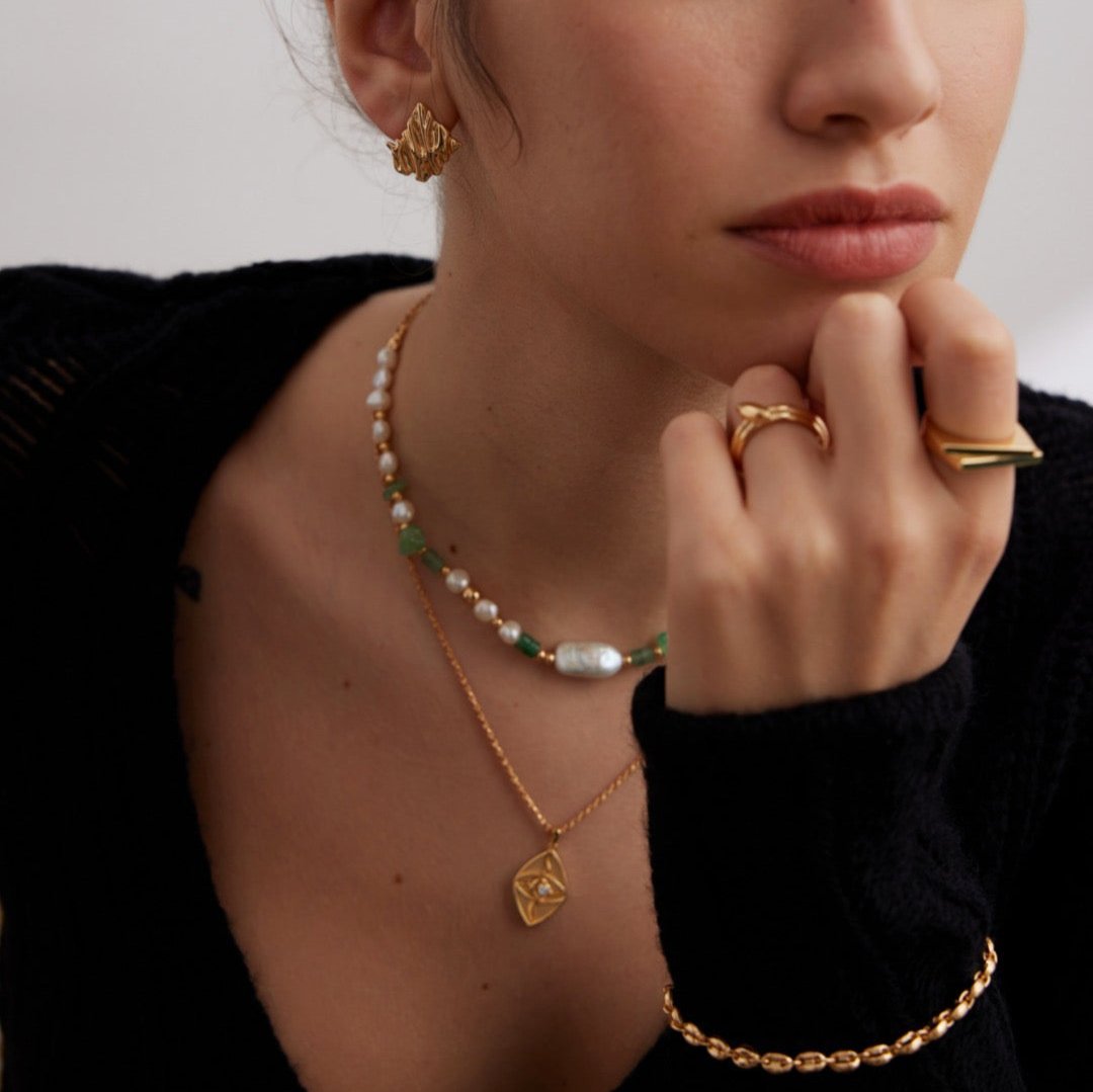 Handcrafted Jade Stones Pearl Vermeil Necklace - model shot with set jewelry 2