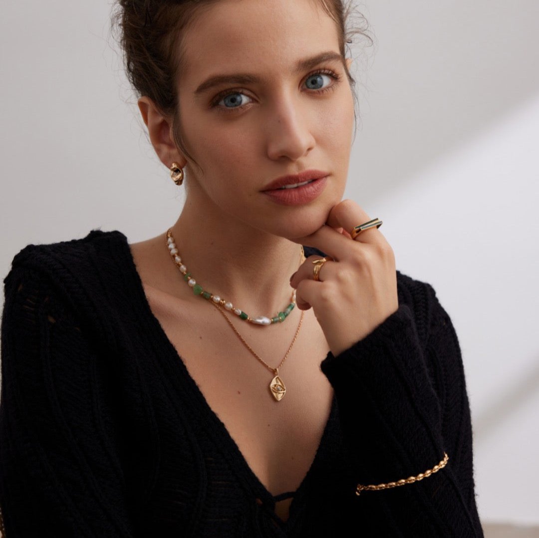 Handcrafted Jade Stones Pearl Vermeil Necklace - model shot with set jewelry