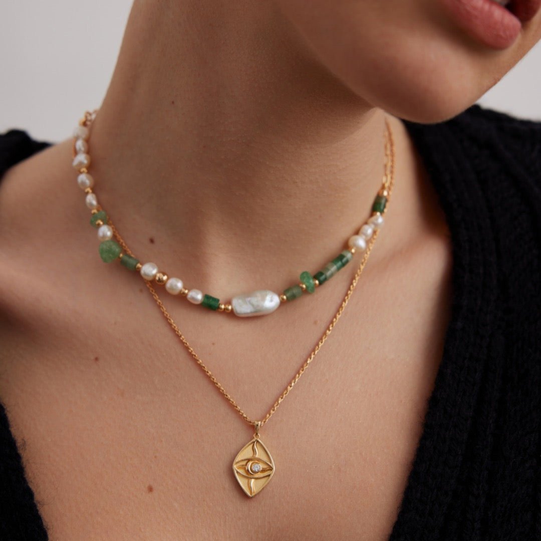 Handcrafted Jade Stones Pearl Vermeil Necklace - model shot with another necklace