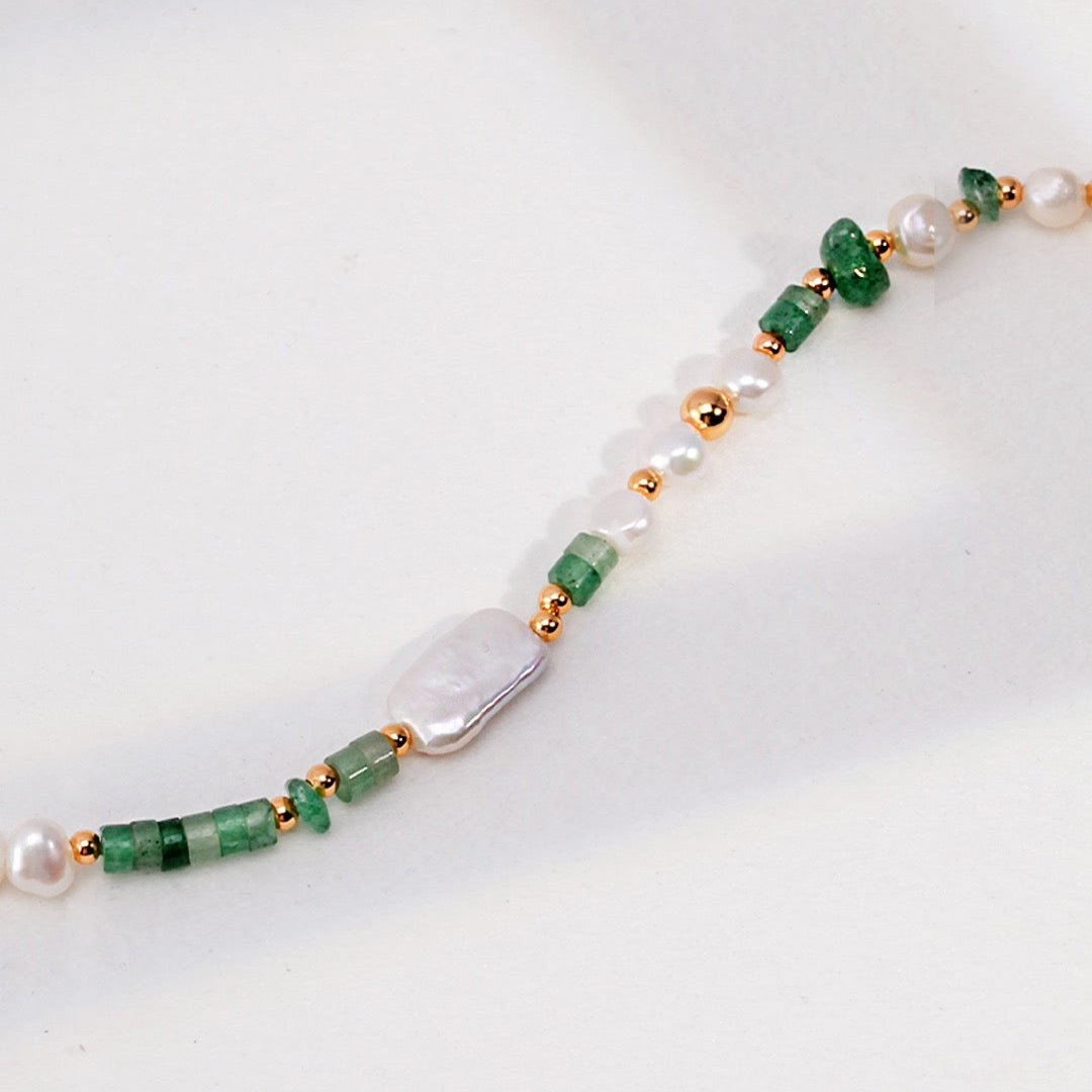 Handcrafted Jade Stones Pearl Vermeil Necklace - close view of beads