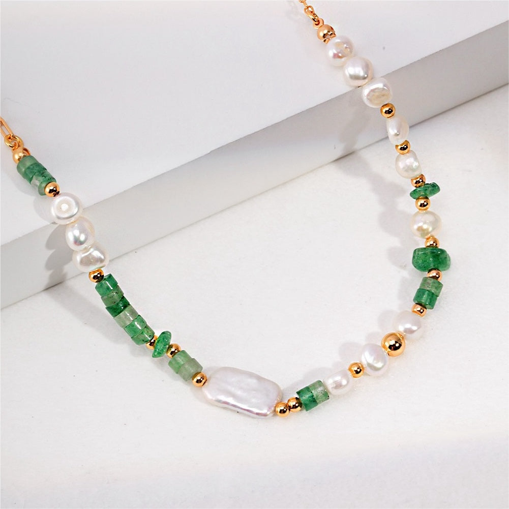 Handcrafted Jade Stones Pearl Vermeil Necklace